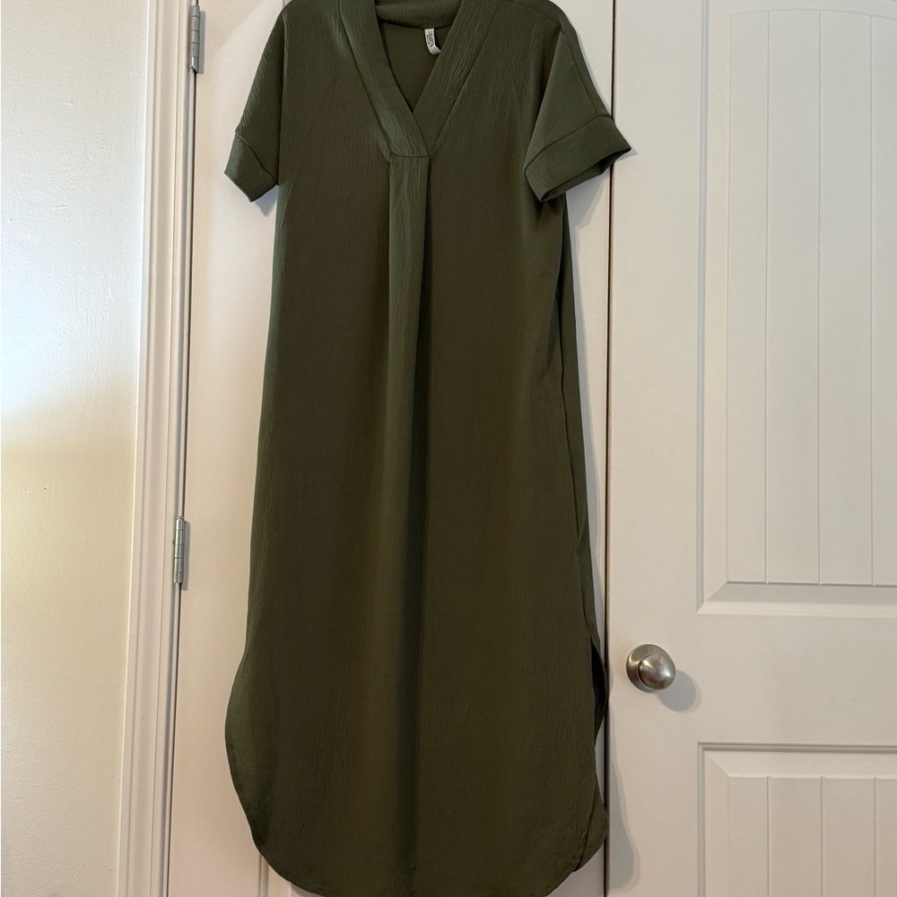 Olive Green V-Neck Midi Dress NWOT